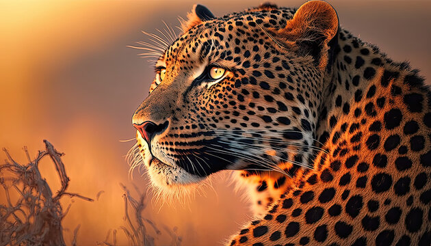 portrait of a leopard in the sunset