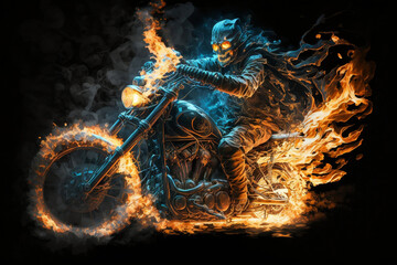 Fire skeleton rider on motorcycle, Ghostly biker on fire motorcycle speeding through the night, Generative AI