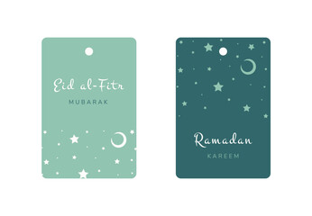 Ramadan Kareem. Set of Islamic gift tags with moon and stars. Vector holiday illustration in green colors.
