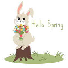 Rabbit with spring bouquet. Hello spring. Vector illustration