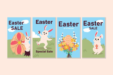 Flat Easter instagram stories with bunny. Vector collection vertical banners.