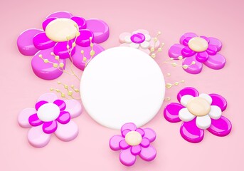 Easter 3d render spring flowers with stage for commercial product showcase. Cartoon style festive holiday celebration three dimensional pink background.