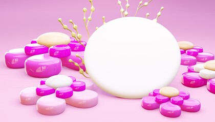 Easter 3d render spring flowers with stage for commercial product showcase. Cartoon style festive holiday celebration three dimensional glossy background.