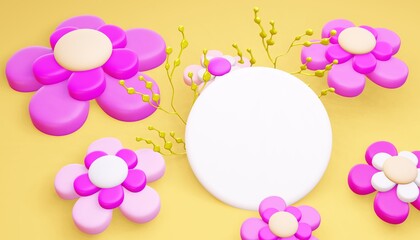 Easter 3d render spring flowers with stage for commercial product showcase. Cartoon style festive holiday celebration three dimensional background.