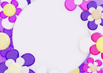 Easter 3d render spring flowers white space top view template. Cartoon style festive holiday celebration three dimensional closeup background.