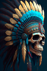 A skull wearing an indian headdress. Generative AI - obrazy, fototapety, plakaty