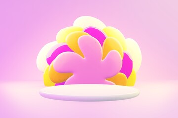 Easter 3d render glow spring flowers with stage for commercial product showcase. Cartoon style festive holiday celebration three dimensional pink background.