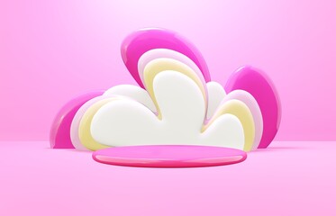 Easter 3d render pink flower with stage for commercial product showcase. Cartoon style festive holiday celebration three dimensional background.