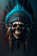 A skull wearing an indian headdress. Generative AI
