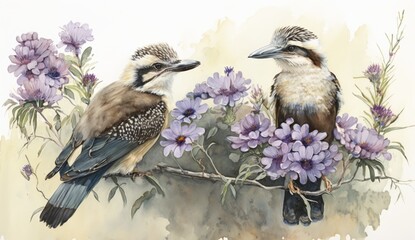 Australian kookaburras and jacaranda purple flowers. Watercolour illustration for wedding, florist, birthday card or invitation. Australia theme. Generative AI.	