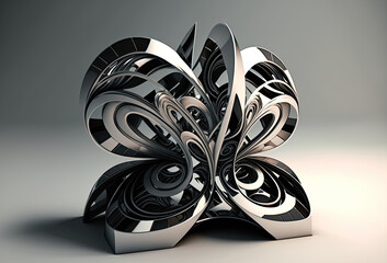 Abstract art with surreal 3d curvy sculpture in curve wavy smooth and soft forms in matte aluminium metal material with glossy silver parts on grey background. Generative AI illustration. - obrazy, fototapety, plakaty