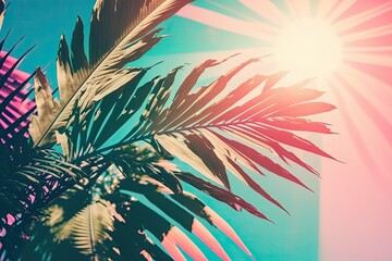 Fototapeta na wymiar Pink tropical palm tree with bokeh sun light and colorful leaves serving as a copy space against a blue sky. Inspiration for your next outdoor adventure while on your summer break. Color scheme influe