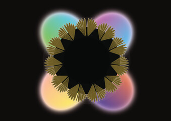 Abstract farbige Grafiken auf schwarzem Hintergrund, mit einer kreisrunden Fläche für Beschriftungen.