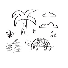 Cute turtle surrounded by tropical plants. Doodle style vector illustration isolated on white background for your design