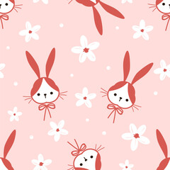 Seamless pattern with bunny rabbit cartoons, cute flower and white dots on pink background vector illustration.