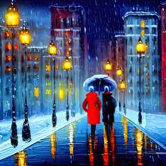 Couple Walking in the Snow & Rain Nostalgic Nightscape Winter Landscape Illustration
