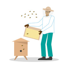 A male beekeeper in a protective hat with a net and gloves holds a frame with honeycombs next to a beehive, bees are flying around. Flat vector illustration