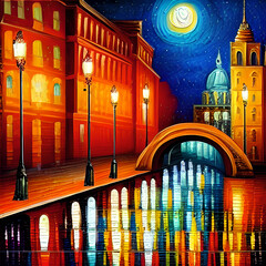 Downtown Nightscape Reflected in the Water Nostalgic Landscape Illustration