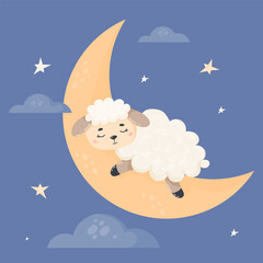 Obraz na płótnie Canvas Cute sleeping sheep on moon. Vector illustration in flat cartoon style. Funny poster with farm animal for kids collection, cards, design, print, nursery.