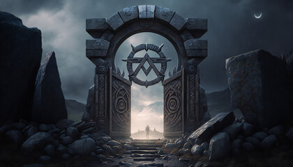 Door to Valhalla, world of the gods - the resting place of fallen warriors - German Mythologies - Generative AI