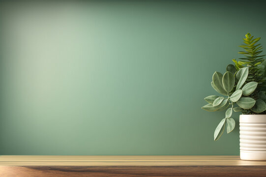 Empty Wooden Table With Home Plant Decor Over Green Wall Background