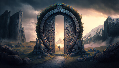 Door to Valhalla, world of the gods - the resting place of fallen warriors - German Mythologies - Generative AI