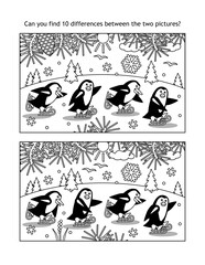 Winter sports, winter holidays, New Year or Christmas difference game with skating penguins
