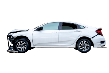 Full body side view of white car get damaged by accident on the road. damaged cars after collision. Isolated on transparent background , PNG File