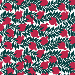 Vector illustration of pomegranate fruit with leaves. Seamless Pattern