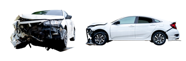 Front and side view  of white car get damaged by accident on the road. damaged cars after collision. isolated on transparent background. PNG File