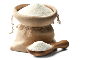 Long white rice grain in a burlap sack - Isolated on White Background Generative AI