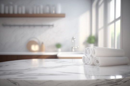 Empty marble table top with blurred bathroom interior background