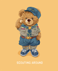 scouting around slogan with bear doll in boy scout uniform vector illustration - obrazy, fototapety, plakaty