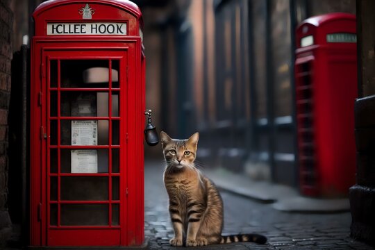 cat sitting next to a red telephone box (AI Generated)