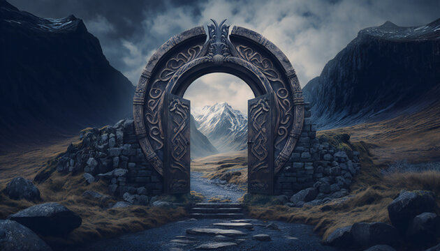 Door to Valhalla, world of the gods - the resting place of fallen warriors - German Mythologies - Generative AI