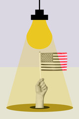 Art collage, light bulb shines on American flag in hand.