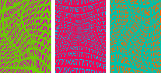 Retro art background set with groovy positivity vibe words. Psychedelic hippie style swirl colorful placards. Vintage hippy crazy various twist abstract vector eps banners. Trendy y2k pop culture