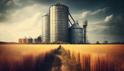 Silos in a barley field. Storage of agricultural production. - obrazy, fototapety, plakaty