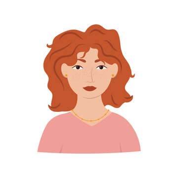 Happy Woman With Red Hair, Earrings And A Smile. Portrait Of A Smiling Business Girl With Curly Hair On An Isolated White Background. Flat Graphic Vector Illustration.