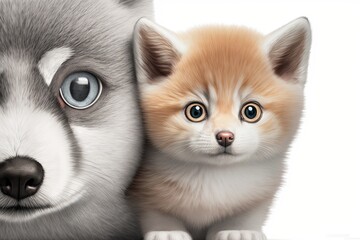 Obraz premium Soft Pomsky puppy and a British Shorthair kitten cuddling up in the cutest way possible. Intentionally making eye contact with the photographer. Stands out against the pure white background
