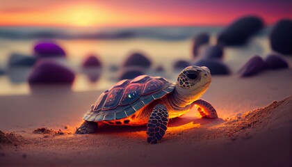 Turtle on the beach at sunset. Generative AI, Generative, AI