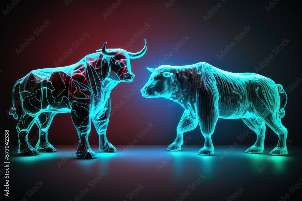 Canvas Prints representation of the Bull and Bear Markets in the Stock Market. Competing Financial Bull and Bear Tactics. Trading on the stock exchange, as a financial concept. Generative AI