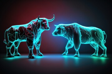 representation of the Bull and Bear Markets in the Stock Market. Competing Financial Bull and Bear Tactics. Trading on the stock exchange, as a financial concept. Generative AI