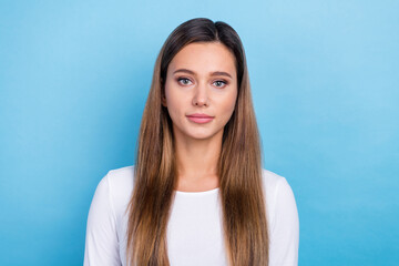 Photo of lovely pretty lady wear white spring clothes demonstrate daily makeup isolated on blue color background