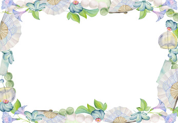 Watercolor hand drawn traditional Japanese sweets. Square frame of summer wagashi, morning glory. Isolated on white background. Design for invitations, restaurant menu, greeting cards, print, textile