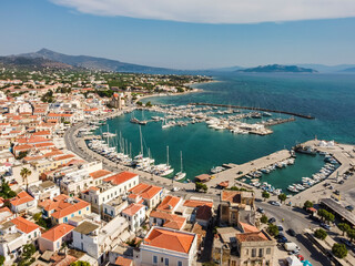 Fototapeta na wymiar Aerial view Aegina island by drone. Summer Greece. Beach. Mediterranean sea.