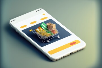 Shopping cart and gift boxes on smartphone screen. Online shopping concept