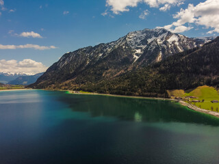 Fototapeta na wymiar Aerial view Achensee sea in Maurach, Tirol. Austria by drone. Alps mountains.