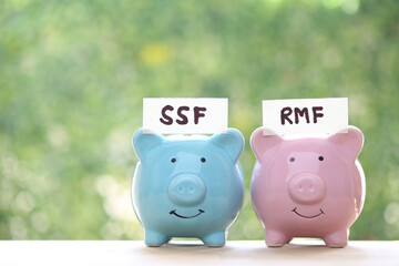 Finance, Piggy bankon natural green background, investment and business concept