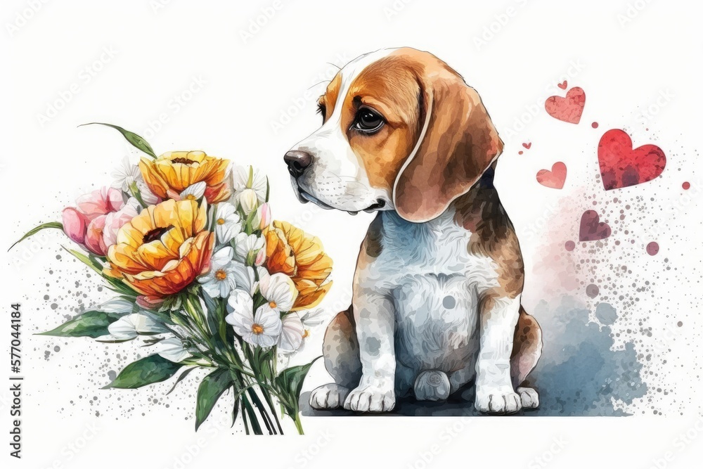 Wall mural little beagle puppy with a bouquet of flowers. generative ai